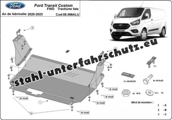 Aluminium Unterfahrschutz für Motor und Getriebe für den Ford Transit Custom - FWD