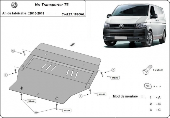 Unterfahrschutz aus verzinktem Stahl für Motor der Marke Volkswagen Transporter T6