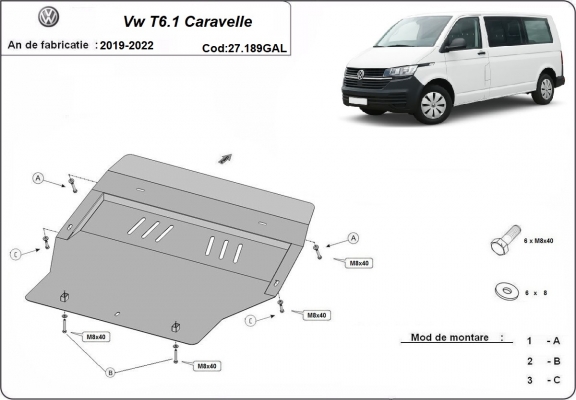 Unterfahrschutz aus verzinktem Stahl für Motor der Marke Volkswagen Transporter T6.1Caravelle